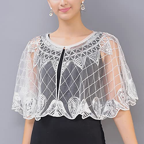 Whitewed 1920S Mesh Sequin Beaded Capelet Shawl Cape Gatsby Era Inspired Clothing2