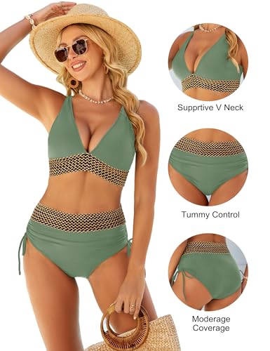 Image of Blooming Jelly Women High Waisted Bikini Sets Tummy Control Swimsuits Color Block Two Piece Drawstring Bathing Suit