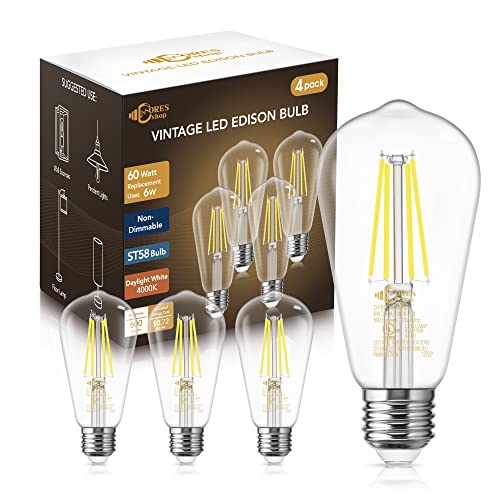 Image of DORESshop 6W Vintage Led Edison Bulbs, Daylight White 4000K, 60W Equivalent, ST58 Antique Style Edison Light Bulb with 80+CRI, 600LM, E26 Medium Base, Non Dimmable, High Brightness Clear Glass, 4Pack | ST58 Antique Style Edison Light Bulb with 80+CRI,E26 Medium Base,Non Dimmable,High Brightness Clear Glass,4Pack Led Bulbs