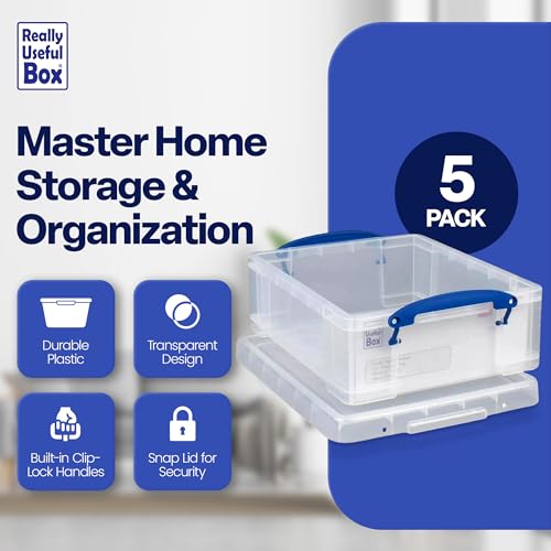 Image of Really Useful Box Stackable 8.1L Plastic Storage Container, 5 Pack | Bin with Snap Lid & Built-In Clip Lock Handles for Home & Office Organization