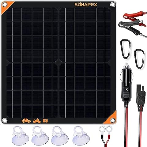 SUNAPEX 20W 12V Solar Panel Battery Charger Maintainer, Portable Waterproof Solar Trickle Charger with Built-in Charge Controller, Cig Plug, Alligator Clips, O-Rings for Car, Truck,Tractor, Boat, etc Cover