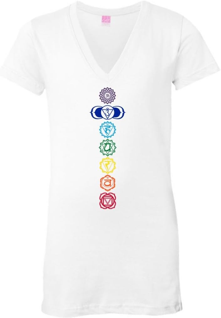 Yoga Clothing For You Ladies Colored Chakras Longer Length Charcoal V-Neck T-Shirt