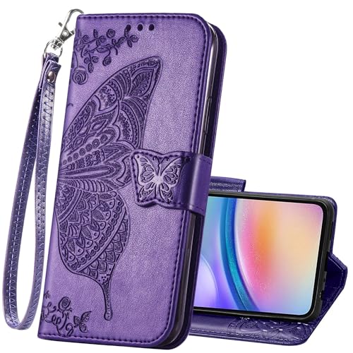 HAOTP for Samsung Galaxy A05 Phone Case Wallet,Women Flip Folio Cover Galaxy A05 Credit Card Holders Emboss Butterfly Flower PU Leather Purse Wrist Strap Kickstand Case for Samsung Galaxy A05 Purple