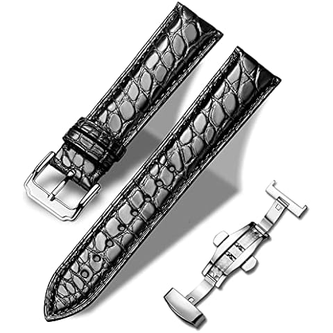 Moran Genuine Leather Watch Band 18mm 19mm 20mm 21mm 22mm 23mm 24mm Calf Grain Watch Strap for Men and Women 24mm Crocodile Leather-Black-Silver Buckle Cover