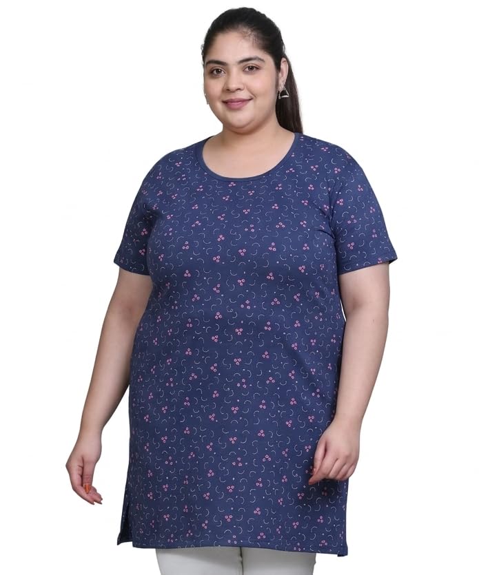 Image of RYSH Women's All-Over Printed Cotton Plus Size Longline T-Shirt with Pockets