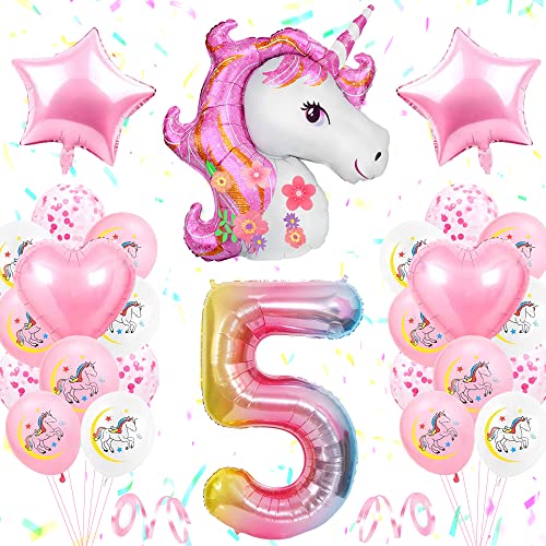 TOLOYE Unicornio Decoración de Cumpleaños 5 Años, Globo de Unicornio 3D con Pancarta de Cumpleaños Numero 5 Cumpleaños Globos Latex Globos para Decoracion de Fiesta de Cumpleaños Niña Cover