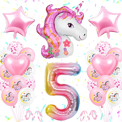 5 an Decoration Anniversaire Licorne Fille,TOLOYE Licorne De Décoration D'anniversaire Rose, 3D Énorme Licorne Ballon, 5e Licorne Accessoires De Fête pour Bébé