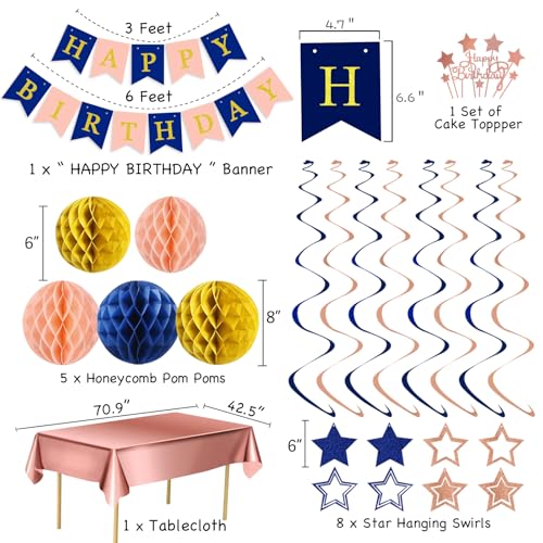 Image of Navy Rose Gold Pink Birthday Party Decorations Supplies Happy Birthday Banner Honeycomb Balls Fringe Curtain Foil Balloons Hanging Swirls Cake Topper Tablecloth Party Supplies for Women Girls