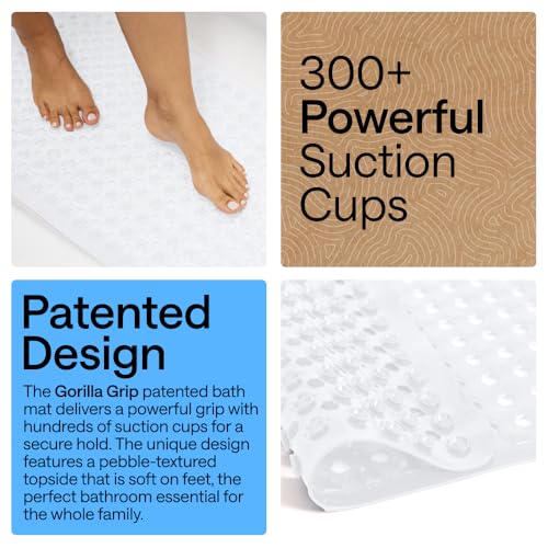 Image of GORILLA GRIP Patented Bath Tub Shower Mat, Machine Washable Bathtub Floor Liner Mats, Suction Cups and Drain Holes to Keep Tubs Clean, Soft on Feet, Bathroom Essentials, 35x16 Inch, White