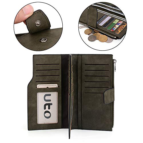 UTO RFID Wallet for Women PU Matte Leather Card Holder Organizer Zipper Coin Purse with Snap Closure Army Green4