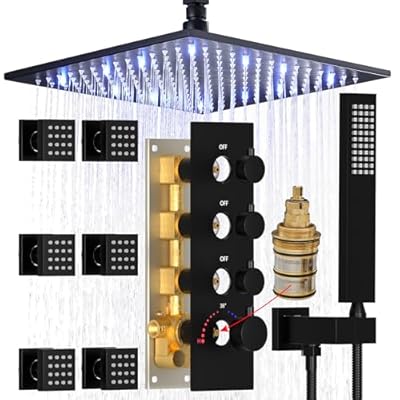 HOMEDEC Black Full Shower Jets System, Ceiling Rain 16" LED Shower Faucet Set with 6 Pcs Body Sprays and Brass 3 Ways Thermostatic Valve, Can Use All At Once, 3/4inch Inlet Large Flow