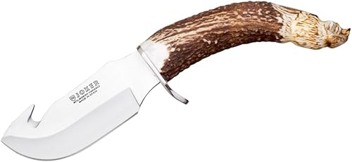 Joker Cuchillo para desollar Jabato CT28, tallado a mano, mango de cuerno de ciervo, hoja de 4.33 pulgadas, funda de cuero marrón, herramienta para