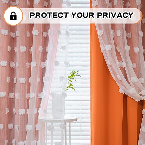 Image of MYSKY HOME Orange Curtains 90 Inch Long for Living Room Nursery Curtains for Bedroom Double Layer Curtains White Pom Pom Sheer Curtains for Dining Room Grommet Room Darkening Window Panels 52 inch x 90 inch