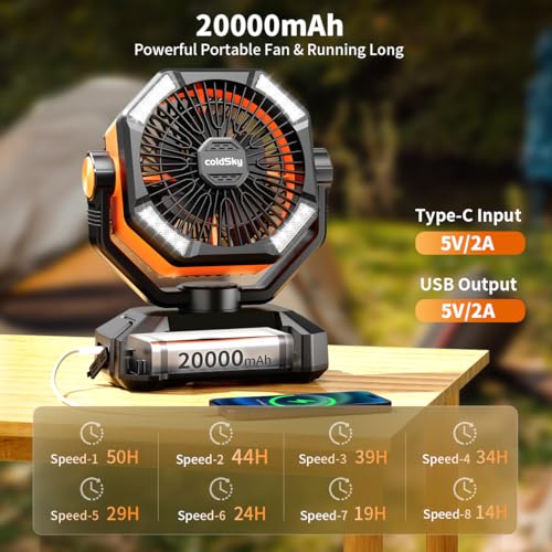Image of coldSky Rechargeable Table Fan for Home with LED Light & Remote Control, 20000mAh Battery Fan Rechargeable Big Size With 8 Speed Modes (Orange)