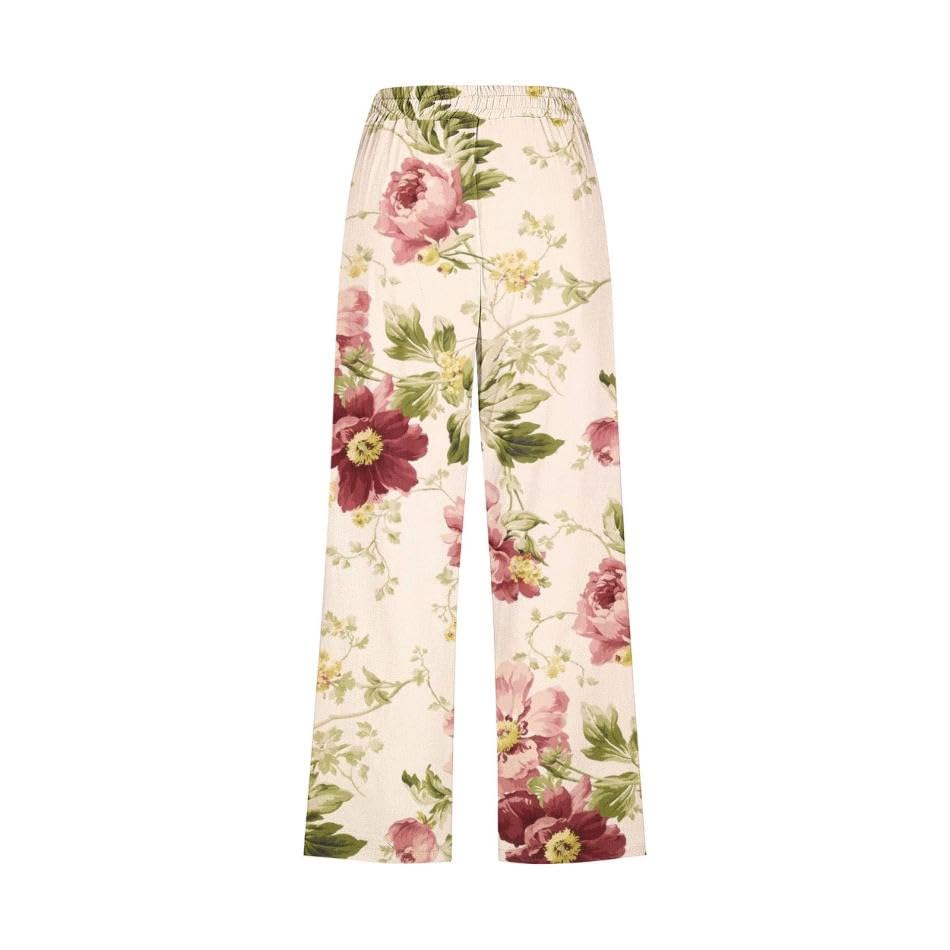 Akivide Women Casual Floral Print Linen Pant Summer Boho High Waist Straight Wide Leg Beach Lounge Capri Trouser with Pocket4