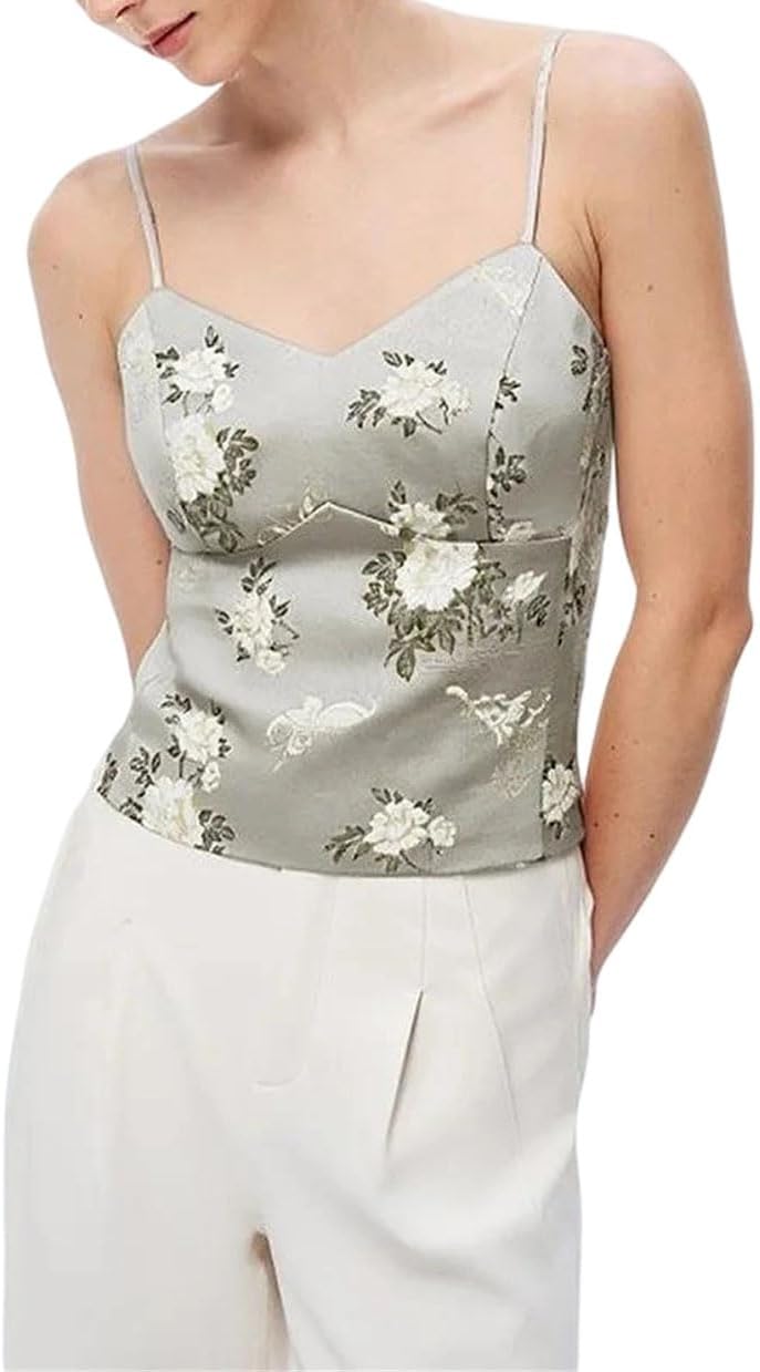 Women Spring Daily Textured Spaghetti Straps Vest Adjustable Shoulder Strap Inner Waist Cinching Sleeveless