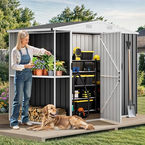 Image of DWVO 8 x 4 ft Outdoor Storage Shed with 2-Tier Shelf, Metal Tool Shed & Garden Storage Cabinet for Backyard, Patio, Equipment & Bike, Black