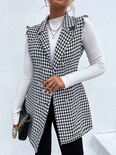 Wdirara Women's Houndstooth Print Sleeveless Lapel Raw Trim Button Front Long Vest Jacket Black And White Xs #TOP3