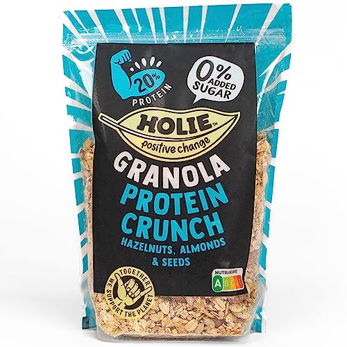 Holie Foods Muesli 'Protein Crunch' 350 g | Crujiente de proteínas Granola avellanas, almendras y semillas cereales crujientes | Copos de maíz sin azúcar crujiente Muesli | Crunch Muesli con alta