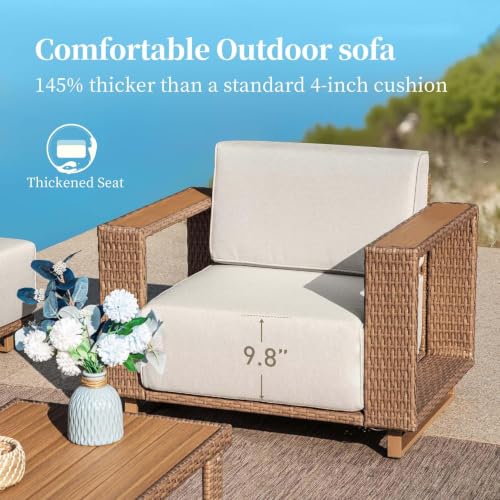 Image of 6-Piece Patio Sectional Furniture Set with 10 inch Thick Cushions | Outdoor Yellow Rattan Wicker Sofa. L Shaped Modular Conversation Set. Wide Arm +Low Profile Couch. for Deck Lawn Garden Porch