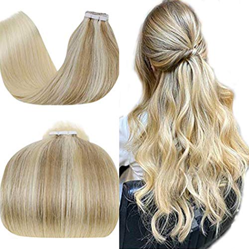 【Video Exchange Hair】Tape ins Remy Silky Straight Hair Extensions Ombre Balayage Ash Blonde Mixed Medium Blonde Skin Weft Invisible Sticky Tape on Hair for Short Hair(14"/20pcs/50g)