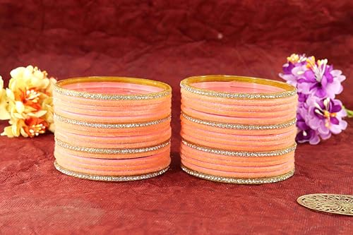 Image of NMII Fancy Glass Golden Zircon Diamond Stone & Velvet Finish Plain Bangles Set For Women & Girls | Glass Velvet Bangles | Kanch ki Chudiyan | Girl's Bangles Bracelet | Fashion Jewellery- Set of 32