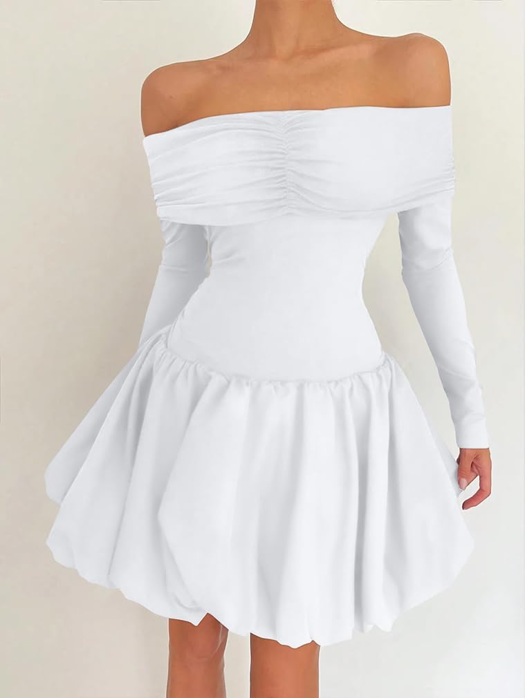 LAGSHIAN Women's Off Shoulder Mini Bubble Dress Long Sleeve Cute Drop Waist A Line Party Dresses - Image 3