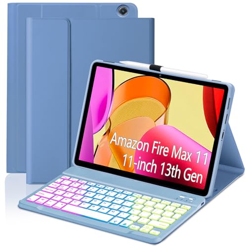 EAMPANG Case with Keyboard for Amazon Fire Max 11 inch (13th Generation 2023 Release) 7 Color Rainbow Backlit Detachable Type-C Charging Keyboard Magnetic Case Pen Holder 13th Gen-Black with Blue