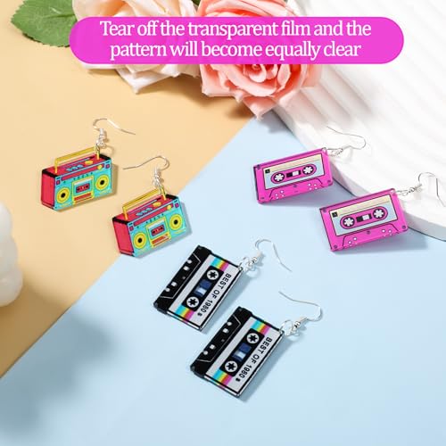 3 Pairs 80s 90s Retro Cassette Tape Neon Earrings for Women, 80s 90s Outfit Acrylic Radio Drop Earring, Neon Jewelry for 80s/90s Accessories Halloween Cosplay Music3