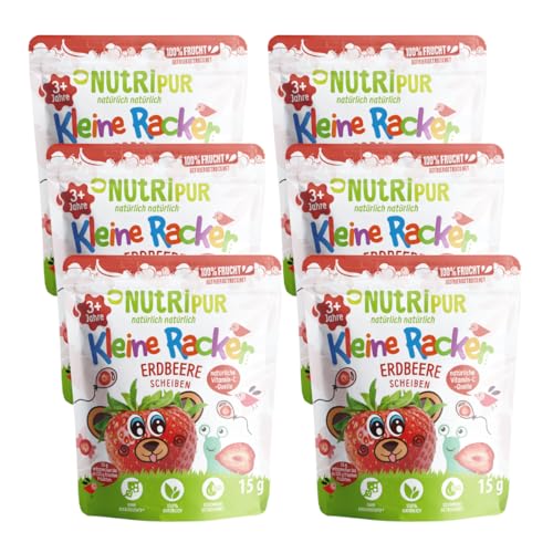 Nutripur Snack de frutas – Fresa liofilizada | 100 % aperitivo de frutas para niños y adultos | chips de fresa sin azúcar añadido | vegano | aperitivo crujiente de frutas | 6 x 15 g