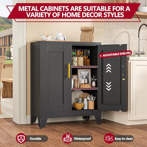 Image of Black Metal Storage Cabinet, 36 inch Steel Locking Cabinets | Small Cabinet with Doors and 2 Adjustable Shelves, Utility Cabinet, Steel Locker Organizer for Office, Home, Garage, School