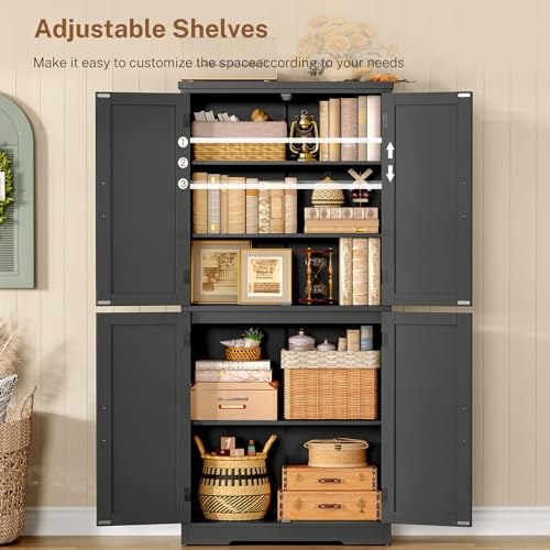 Image of TEENFON 58 inch H Storage Cabinet with Adjustable Shelf, Kitchen Cabinet with 4 Doors, Farmhouse Pantry Cabinets, Cupboard for Kitchen, Bathroom, Living Room, Black