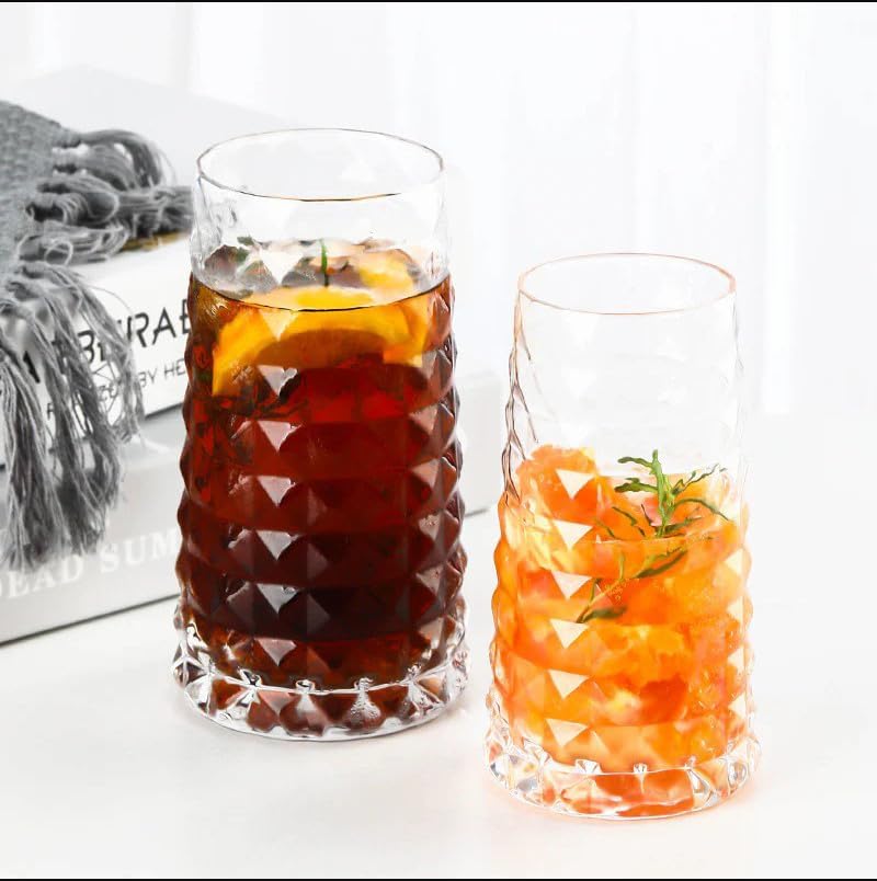 Image of Premium 450ML Water - Juice Glasses Drinking Glasses Set of 4, Highball Lead-Free Glasses, Tumblers for Water, Juice, Beer, Cocktail and Mixed Drinks (Daimond Cut Glass - A, Set of 4)