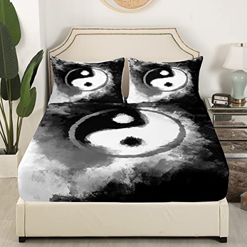 Yin Yang Sheet Set Kids Boho Trippy Sheets with Deep Pocket Fitted Sheet for Boys Girls Tradition Pattern Bed Sheets Set Breathable Psychedelic Peace Sign Bedding Set Ink Art Bed Set Double - Image 4