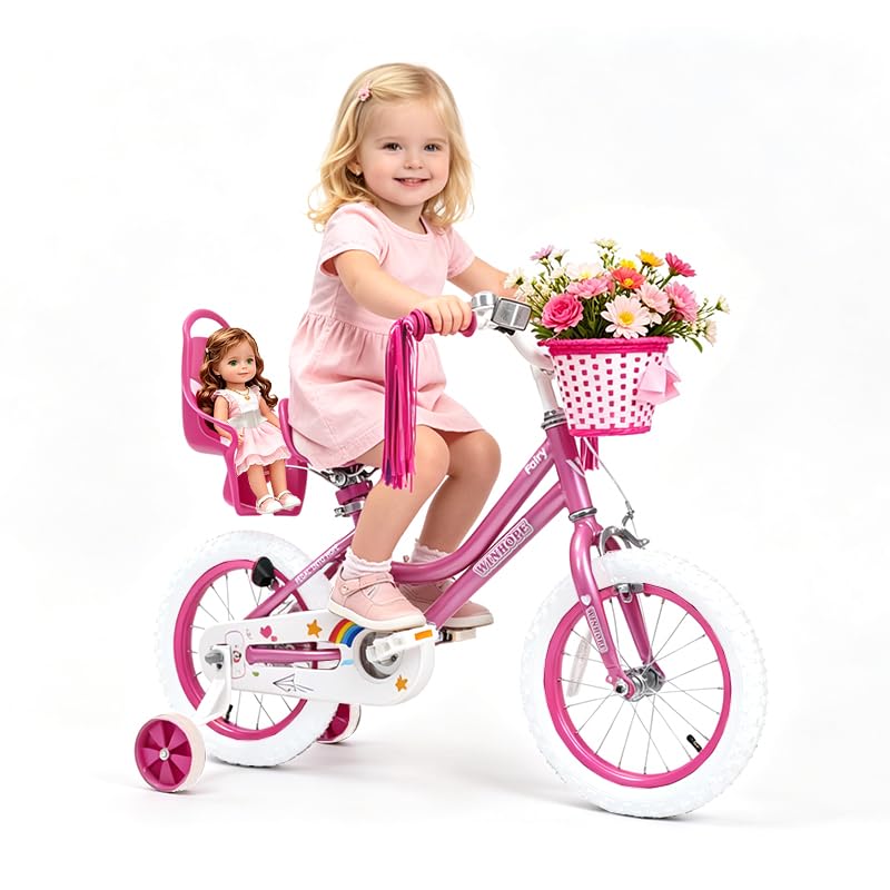 Image of WinHope Girls Bike with Doll Seat, 12 14 16 18 20 Inch Kids Bike for 2-12 | Dual Brake with Training Wheels / Kickstand & Streamers Birthday Gift for Toddler Outdoor Riding, Multiple Colors