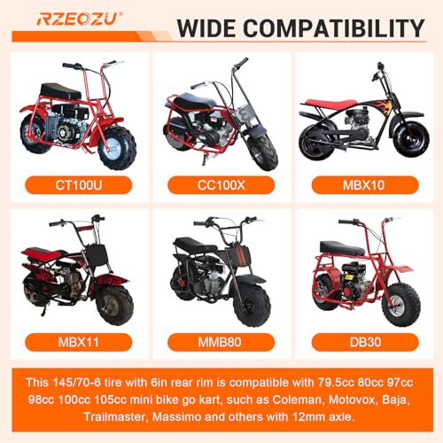 Image of 145 /70-6 Tires, Mini Bike Wheels Rim and Tires Assembly Kit Replacement for Coleman CT100U CC100X Baja DB30 Monster Mega Moto 80cc 105cc MMB80 Motovox Minibike Go Kart Parts Rear V-Tread Tire