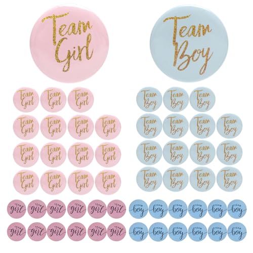 TMZELOA 56 peças botões de revelação de gênero Team Boy e Team Girl para Baby Shower decorativo gênero revelar festa jogo suprimentos (azul e rosa)