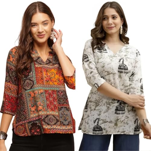 Image of Women's Cotton Printed Short Kurti, Round Neck, Three Quarter Sleeve, Straight Fit, Pack of 2