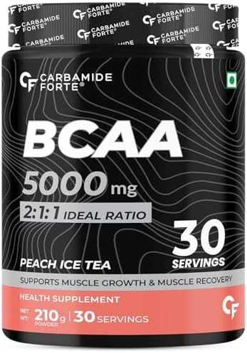 Carbamide Forte BCAA Powders 5000mg | BCAA Supplements For Men & Women | Pre Workout For Men & Women Intra Workout Supplement 7g Serving With Ideal 2:1:1 Ratio | Peach Ice Tea Flavor - 210g