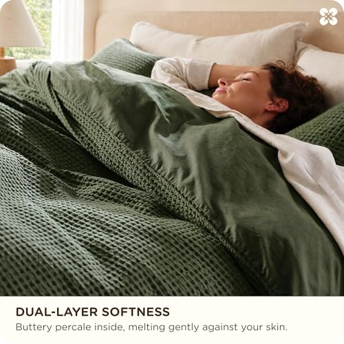Image of Bedsure Cotton Duvet Cover King - 100% Cotton Waffle Weave Olive Green Duvet Cover King Size, PureWoven Breathable Bedding Set for All Season, 3 Pieces, 104 inchx90 inch
