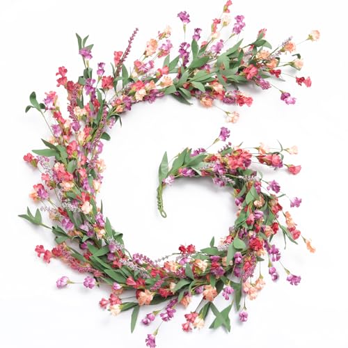 Artgar Flower Garland 6Ft Spring/Summer Garland Floral Garlands for Mantle All Year Round Paper Garlands Decor for Indoor Outdoor Home Wedding Arch Porch Stair Year Round Decor (Red&Orange&Purple)