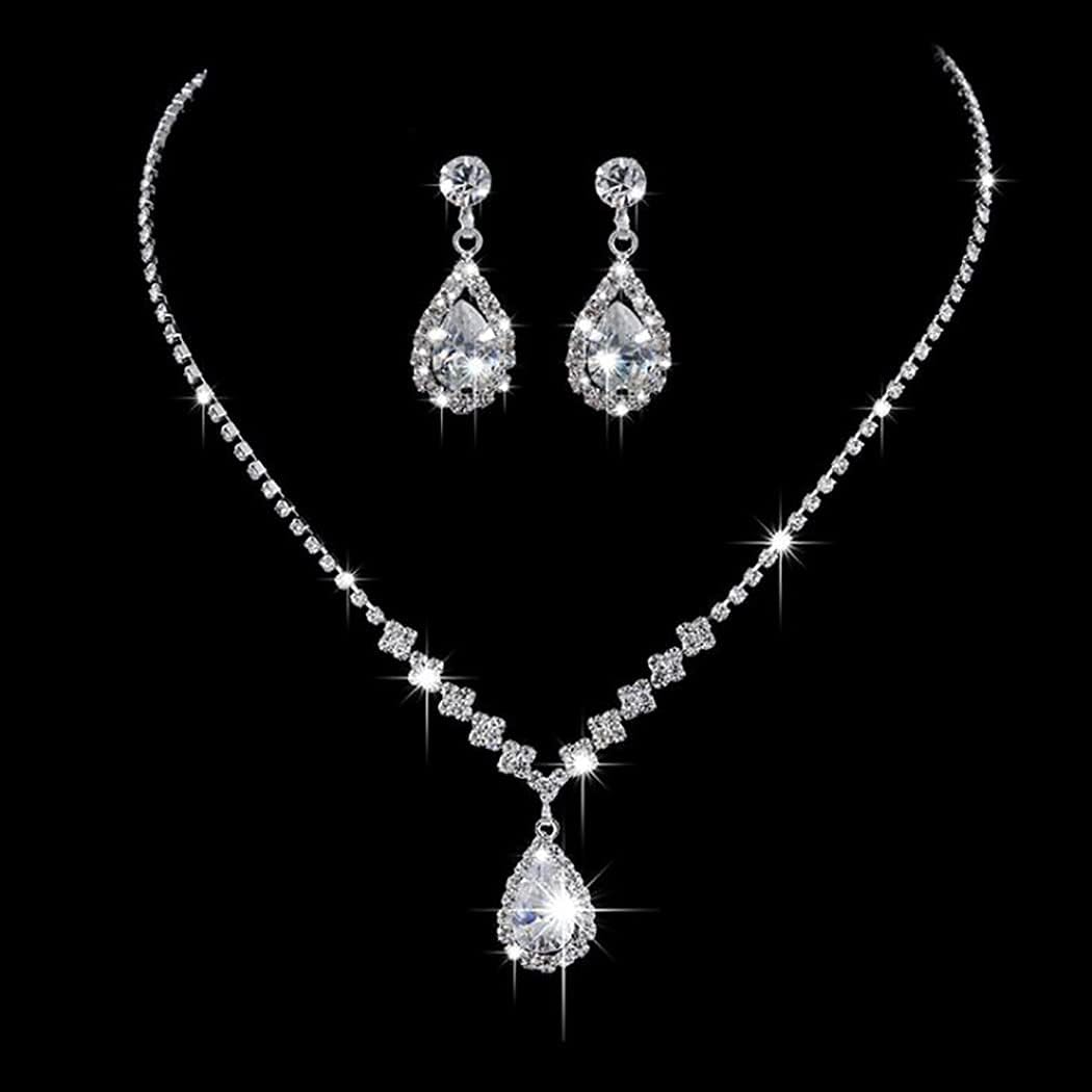 Wedity Bride Wedding Crystal Necklace Earrings Set Silver Bridal Choker Necklaces Pendant Jewelry for Women and Girls