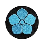 戦国武将家紋ワッペン「明智光秀・水色桔梗」（直径7cm）【刺繍 アイロン接着 和柄】