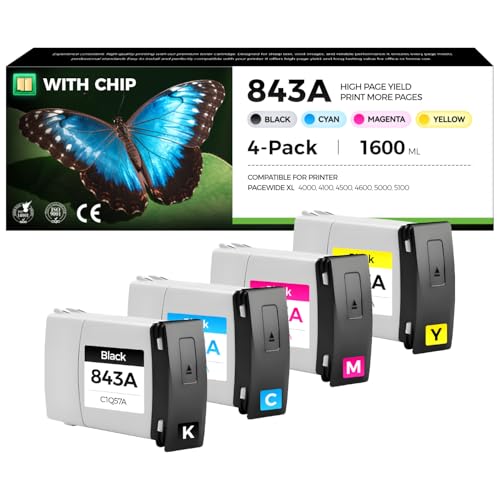 Image of 843A Ink Cartridge 400ml Set 4-Pack with Chip Replacement for HP 843A Ink C1Q57A C1Q58A C1Q59A C1Q60A for PageWide XL 4000 4100 4500 4600 5000 5100 Wide Format Printers (Black, Yellow, Magenta, Cyan)