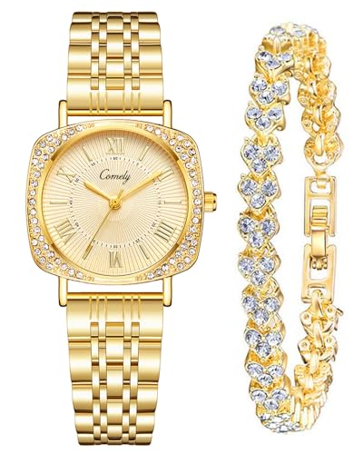 CIVO Montre Bracelet Doré Femme: Acier Inoxydable Etanche - Élégant Carré Design Analogique Montres Ensemble Cadeau