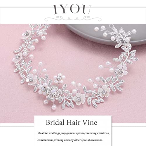 IYOU Crystal Bridal Hair Vines Leaf Silver Wedding Headband Pearl Flower Bride Bridesmaid Hair Accessories for Women - Image 2
