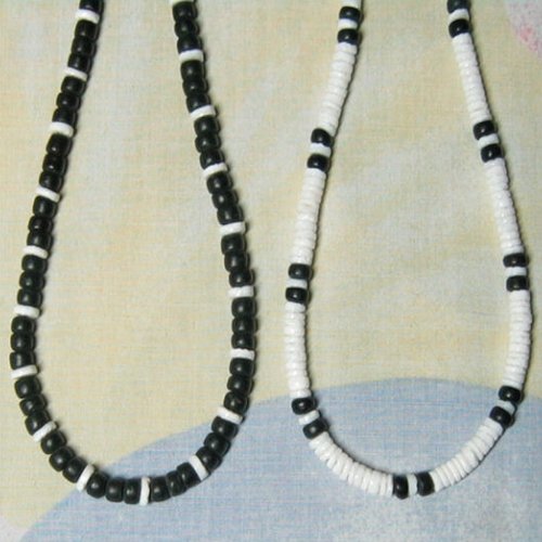 Native Treasure (4 Pack) Mens and Womens Summer Beach Surfer Necklaces From the Philippines, White Ark Shells and Black Coconut Beads, Mens Beach Necklaces4