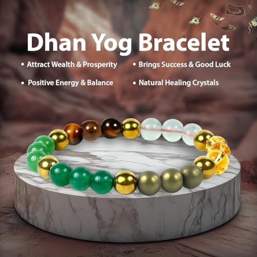 Image of Reiki Crystal Products Certified Tiger Eye, Green Aventurine, Dhan Yog, Hematite, Pyrite 8 mm Round Bead Bracelet | Natural Healing Crystal Bracelet for Men & Women | Reiki Charged