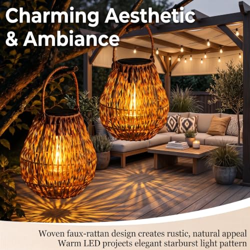 Lyeasw Solar Lantern Outdoor Waterproof, Boho Woven Solar Hanging Lantern Lights, 2 Pcs Decorative Warm White Solar Lights for Garden, Patio, Porch, Balcony, Backyard Decor, Housewarming Gift - image 2