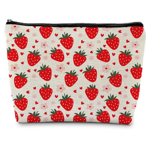 Cut Red Strawberry Makeup Bag Portable Cosmetic Bag Zipper Pouch Toiletry Bag for Purse, Strawberry Stuff Gifts for Women Girls